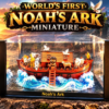 Noah’s Ark miniature display featuring Noah, pairs of animals and birds aboard an ark on sculpted blue waves.